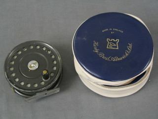 A Hardy "The St John" salmon fishing reel, reverse marked Made by Hardy Bros. England St John 4", complete with plastic carrying case
