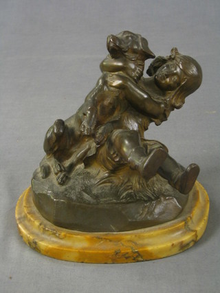 Ponsaid, 19th Century bronze figure of a seated girl with dog, the reverse with founders mark, marked Bronz AG Paris, raised on a veined marble base 9"