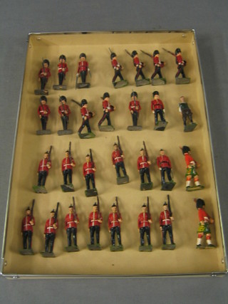 13 various Britains figures of Guardsmen, 2 Highlanders and 13 other Britains figures and a Britains farming figure