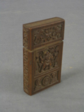A Burmese carved hardwood rectangular case, the interior fitted 5 cylindrical sections, 5"