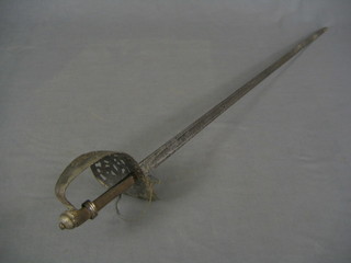 A Victorian Officer's sword with pierced hilt and 32" straight blade (blade corroded and grip f)