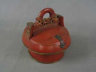 An Eastern red lacquered circular jar and cover 13"