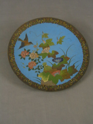 A  19th/20th Century blue ground cloisonne plate decorated birds amidst branches 12"