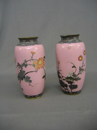 A pair of 19th Century pink ground cloisonne enamelled vases decorated birds amidst branches 12" (1 cracked)