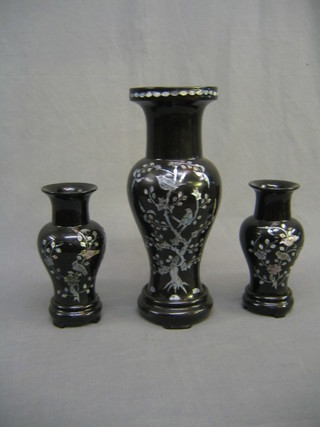 A 20th Century Eastern lacquered vase of club form 13" and 2 other smaller vases 8"