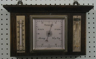 A 1930's aneroid barometer and thermometer both with square complete with storm glass, contained in an oak case