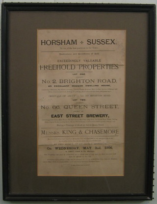 An old Auction sale poster for King & Chasemore's sale of the freehold properties of No. 2 Brighton Road and No. 66 Queens Street Horsham, Wednesday May 2nd 1906