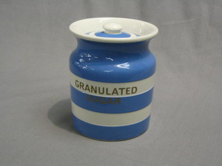A T G Green blue and white striped storage kitchen jar marked Granulated Sugar, the base with green T G Green shield mark 6"