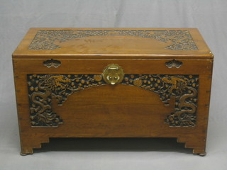 A 19th/20th Century carved Hong Kong camphor coffer with hinged lid 40" (crack to lid)