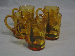 5 amber soda glass tankards decorated stags