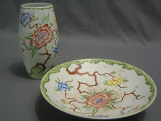 A Wood & Sons Chinese rose pattern vase 9" and a circular bowl 11"