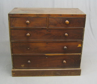 A 19th Century mahogany rectangular chest of 2 short and 3 long drawers with tore handles (1 missing and severe damage to veneers and staining to top) 41"