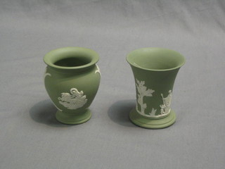 A Wedgwood green Jasperware trumpet shaped vase 4" together with a circular Wedgwood vase 4"
