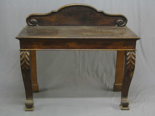 A Victorian oak side/hall table with raised back, on cabriole supports 48"