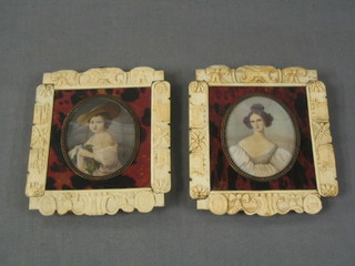 A pair of 18th/19th Century portrait miniatures on ivory "Lady and Bonnetted Child" monogrammed AG, 3" oval contained in carved ivory and tortoiseshell frames