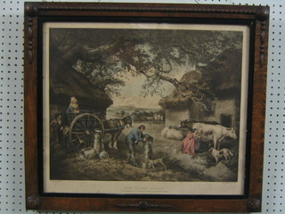 After Moorland, a set of 4 engravings by W Wood "The Cottage, The Dairy Farm, The Shepherdess (water damage to the bottom) and The Thatcher (water damage to the bottom) 16" x 20" contained in oak frames