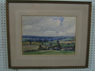 A 1930's watercolour "Rural Scene with Farm Buildings and Rolling Downs" 11" x 14 1/2" indistinctly signed