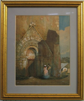 S G Prout, watercolour "Figures by a Church" 11" x 9"