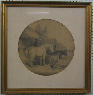 Witchell, 19th Century watercolour "Farmyard with Shire Horse, Bull and Thatched Farm Buildings" 13" circular (some foxing)
