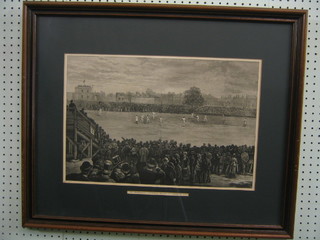 A Victorian monochrome print "Cricket Match Australia Versus England at the Kennington Oval" 12" x 18", the reverse with Leoframes label (crease to centre)