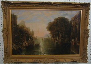 An 18th Century Continental oil painting on canvas "Canal Scene with Figures and Temple" 19" x 28", relined