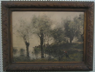 A coloured print "Lady By a River" 15" x 22" in a decorative gilt frame
