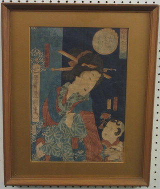 19th Century Oriental watercolour on rice paper "Standing Geisha with Boy" 13" x 9"