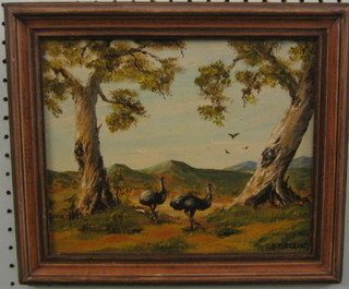 Oil painting on board "Two Emus in Outback" 8 1/2" x  10 1/2"