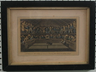 An 18th Century coloured print after Alken "The Westminster Pit - A Turn Up Between a Dog and Jacko Mackaco The Fighting Monkey" 4 1/2" x 7 1/2"