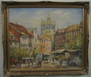 R A Bous,  20th Century French School, oil painting on board "Town Square with Figures" 19" x 24"