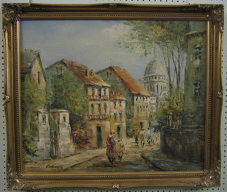 R A Bous, 20th Century French School, oil painting on board "Parisienne Scene Buildings and Domed Church in Distance" 19" x 24"