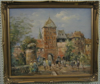 R A Bous, 20th Century French School, oil painting on board impressionist study "Gate Bridge with Tower" 19" x 24"