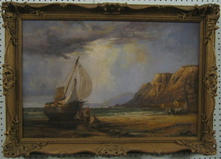 R W Wilson, oil on canvas "Beached Fishing Boat in Rocky Bay" 15" x 23"