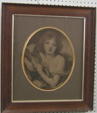 A monochrome Bartolozzi style print "Seated Girl with Lamb" 11" oval contained in an oak frame