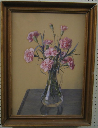 Clara E Rane, watercolour, still life study "Glass Jug of Pink Carnations" 20" x 14"