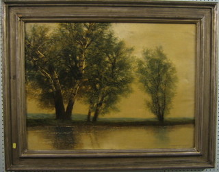 Oil painting on canvas "Trees by A River" 23" x 31" (dent to bottom left hand corner) indistinctly signed