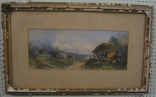 A coloured print "Figures Sheltering by a Road, Windmill in Distance" 7" x 18" signed and dated 1866
