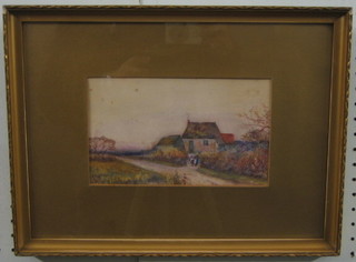Watercolour "Country Cottage with Lane and Figures" monogrammed KMF? 5" x 8" (some foxing)