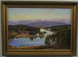 Alan B Charlton, oil painting on canvas "Lake Scene with Hills in Distance" marked to the reverse Tarn Hows 1958, 15" x 23" signed and dated