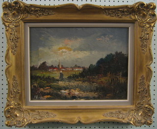 20th Century impressionist oil on canvas "Female Figure in Field with Church in Distance" 11" x 15" contained in a decorative gilt frame