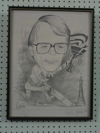 Gale, pencil drawing "John Major Dressed as a Cricketer with Blackpool Tower in the Distance" signed and dated 19 October '91 by Gale, also signed by John Major 14" x 10"