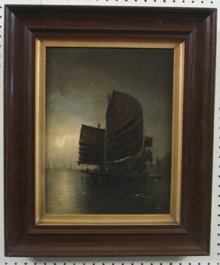 19th Century Oriental oil on board "Harbour Scene with Junk at Dusk" 12" x 10"