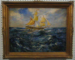 Stanford, oil on board "Two Masted British Merchant Ship in Full Sail" 13" x 17 1/2"