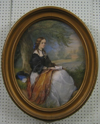 19th Century watercolour drawing "Portrait of a Seated Lady by a Country House with Love Letters" 20" oval