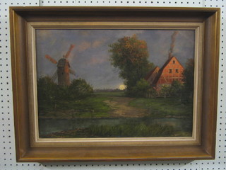 20th Century Dutch School, oil on canvas "Canal with Windmill and Cottage" monogrammed TOW 1911, the reverse marked Eduaid Vock Canal of Key 14" x 19"