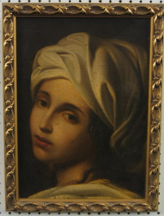 18th Century oil on canvas, head and shoulders portrait of a lady  13" x 9 1/2" (some cracks and damage) contained in a gilt frame