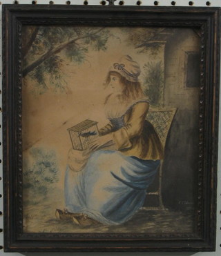 F Oldman, watercolour drawing "Seated Lady with Bird Cage" 9" x 7 1/2"