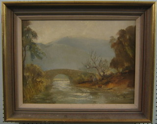 20th Century oil on board "Figures Walking by a River" 14" x 19" indistinctly signed and dated '73