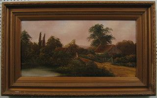 19th Century oil on canvas "Rural Scene, Lane with Figure Walking by a Pond and Buildings" 12" x 34"