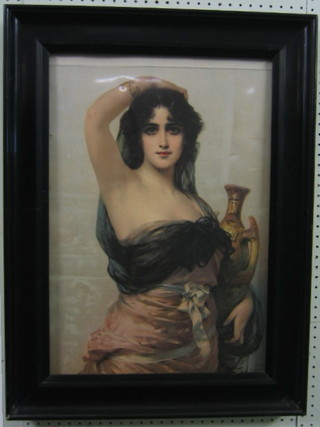 19th Century coloured print "Standing Girl with Vase" 22" x 15" in an ebony frame